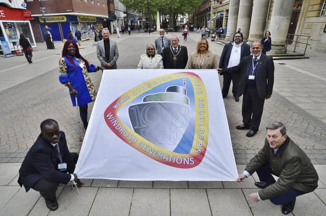 Peterborough City Council raises its Windrush Day flag in 2021.