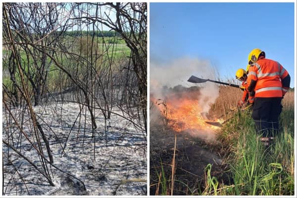 Crews tackle the blaze earlier this month, and the damage caused to the ground. Pics: Cambs Fire and Rescue and Cambridgeshire Wildlife Trust