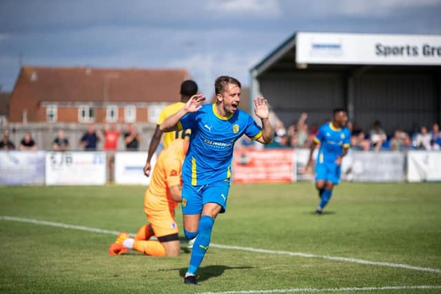 Jordan Nicholson celebrates a goal for Peterborough Sports in the 3-2 win over Chester. Photo: James Richardson.