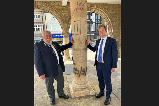 Cllr John Fox and MP Paul Bristow were left appalled by graffiti at the city's Guildhall.