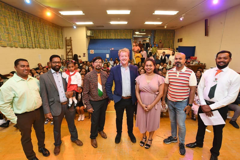 Peterborough's Damanese community celebrating World Daman Day 2023 at the East Community Centre. MP Paul Bristow with committee members at the event