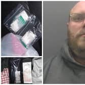 Lee Welsford, with some of the drugs and cash found by police