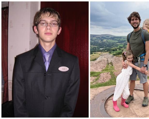 Optician Daniel Penniston, seen here as a 17-year-old (left) at the start of his Specsavers career in 2004, and as a father and dispensing optician and customer service partner for home visits in 2024.