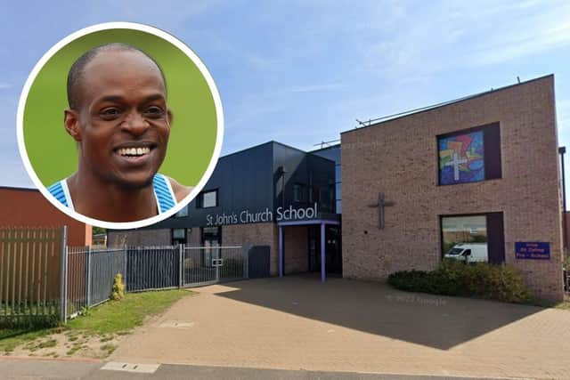St John's Church School is fundraising for new sports equipment and a special visit from Olympic sprinter James Dasaolu (inset)