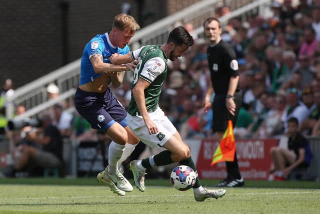 Frankie Kent in action for Posh at Plymouth on Saturday. Photo: Joe Dent/theposh.com.