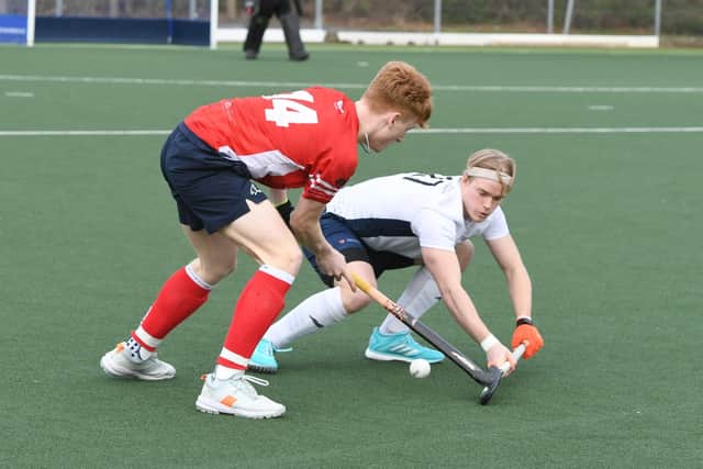 Action from City of Peterborough (red) v Birmingham University. Photo: David Lowndes.