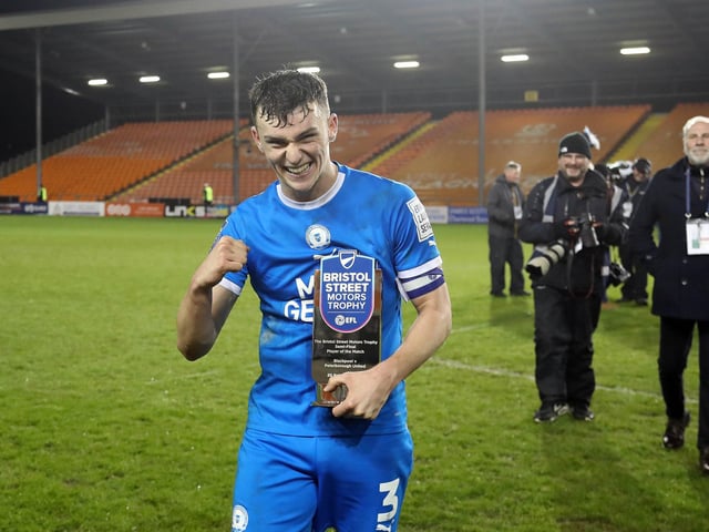 Harrison Burrows with his 'Man-of-the-Match' prize after the EFL Trophy semi-final win at Blackpool.