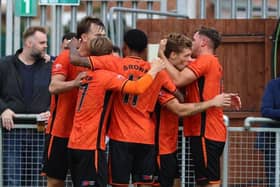 Peterborough Sports celebrate a goal against Rushall Olympic. Photo Darren Wiles.