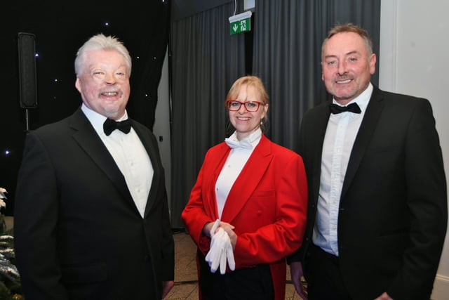 Guest speaker Falklands War hero Simon Weston with awards compere Kev Lawrence and the toastmaster Trudie McGuiness.