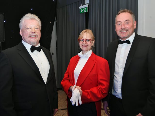 Guest speaker Falklands War hero Simon Weston with awards compere Kev Lawrence and the toastmaster Trudie McGuiness.