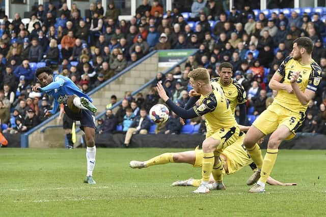 This Nathanael Ogbeta shot led to Posh claims for a penalty for handball v Oxford. Photo: David Lowndes.