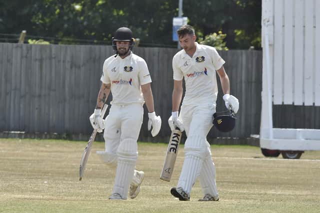 Peterborough Town openers Chris Milner and Josh Smith during the drawn game with Kislingbury Temperance. Photo; David Lowndes.