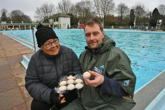 A post swim mince pie for Stuart Cahill from Clare, a member of the Friends of the Lido