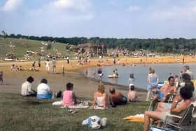 This evocative image, possibly from the early 1980s, shows off Ferry Meadows' beach area in all its glory.