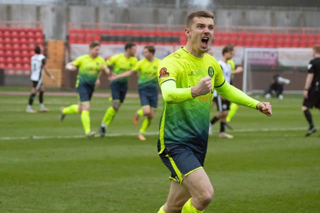 Dan Jarvis celebrates after his cross set up a goal for Peterborough Sports at Gateshead. Photo Charles Waugh.