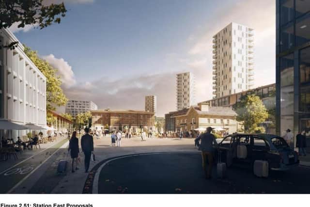 The image that shows how the area around new eastern entrance of Peterborough train station could appear with what seems to be at least three tower blocks near Bourges Boulevard.