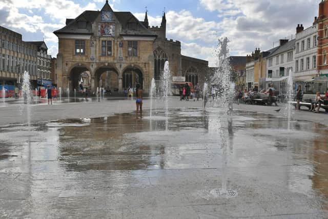 The fountains in full flow in Cathedral Square, in Peterborough.