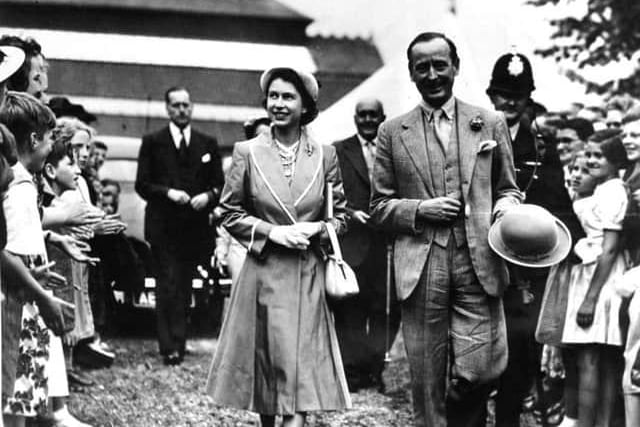 Princess Elizabeth being escorted around the East Of England Show by Lord De Ramsey, in 1951