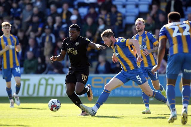 Ephron Mason-Clark is about to score for Posh at Shrewsbury. Photo: Joe Dent/theposh.com.