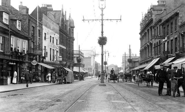 A wonderfully detailed early 1900s image of Long Causeway looking towards the Westgate/Midgate junction with Broadway in the distance (image: Peterborough Images Archive)