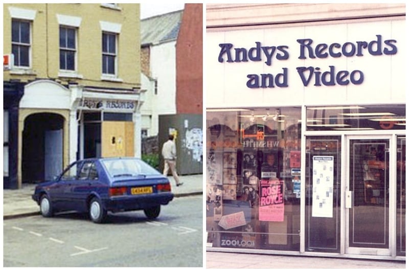 A boarded up Andys Records at its original location on Lower (Broad) Bridge Street. The popular music shop eventually moved to new premises near the Town Hall on Bridge Street where it also sold/rented new-fangled video films (image: Chris Allen).