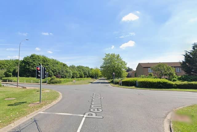 Traffic lights between Pennington and Alnwick in Orton Goldhay.