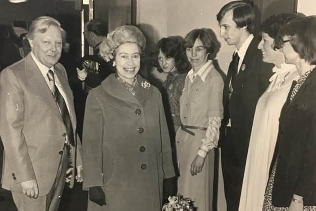 The Queen at the opening of the Cresset theatre in Peterborough on March 22, 1978 - Julie Taylor is fourth from the right.