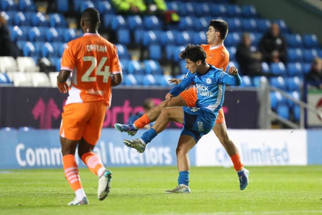 Joel Randall, a transfer target for Bolton in the summer, scores for Posh against Blackpool. Photo Joe Dent/theposh.com.