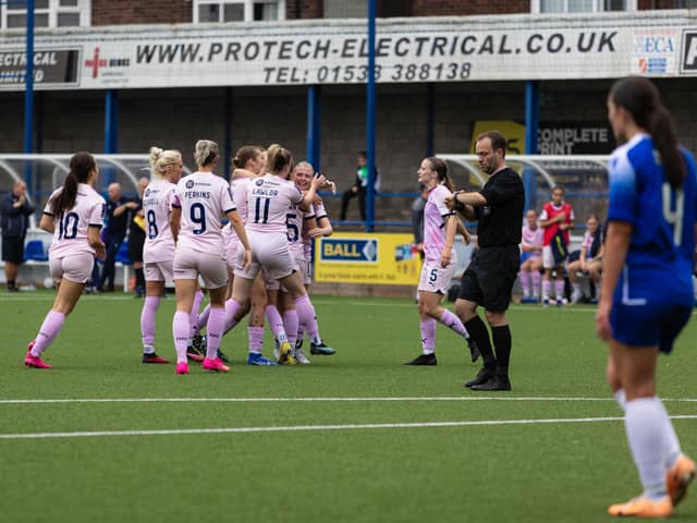 Posh Women celebrate victory over Leek Town. Photo: Ruby Red Photography.