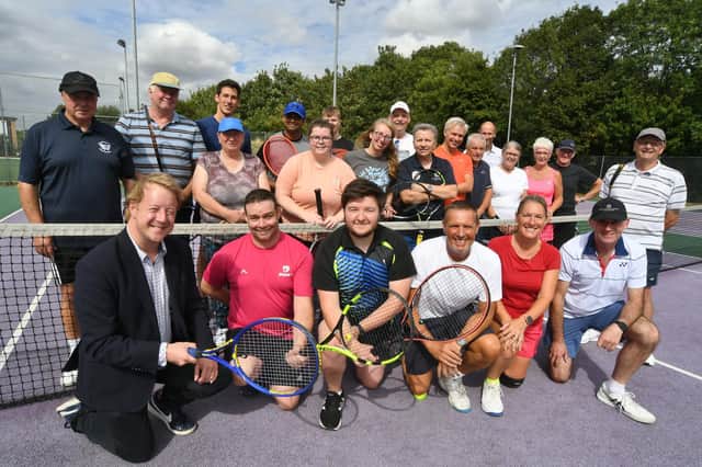 MP for Peterborough Paul Bristow (left) with competitors attending the Sue Ryder care charity tennis tournament at Bretton Gate. Photo: David Lowndes.