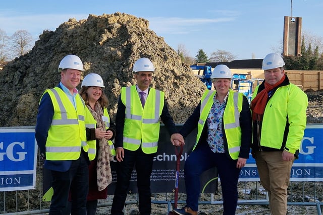 Putting 'spades in the ground' are Peterborough MP Paul Bristow, deputy mayor of CPCA Lucy Nethsingha, Peterborough City Council leader Cllr Mohammed Farooq, Peterborough College principal Rachel Nicholls and chair of the Inspire Education Group's corporation board, David Pennell at the official start of construction last December.
