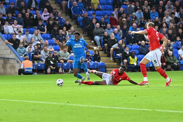 Kyrell Lisbie in action for Posh against Barnsley. Photo David Lowndes.