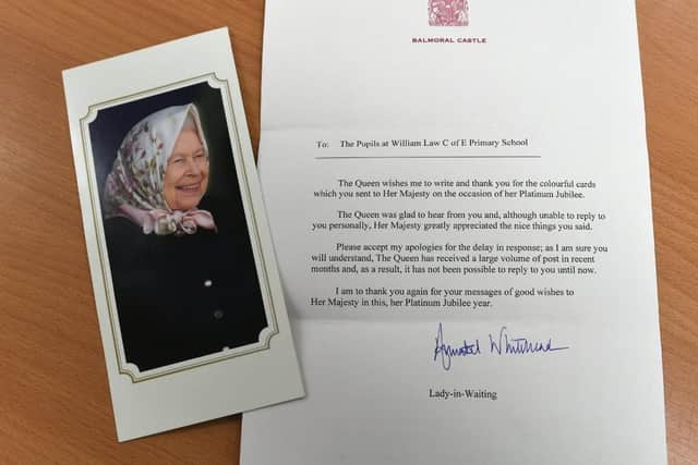 The letter received by Miss Currie and her class. It is perhaps one of the last sent by Queen Elizabeth II's royal household.