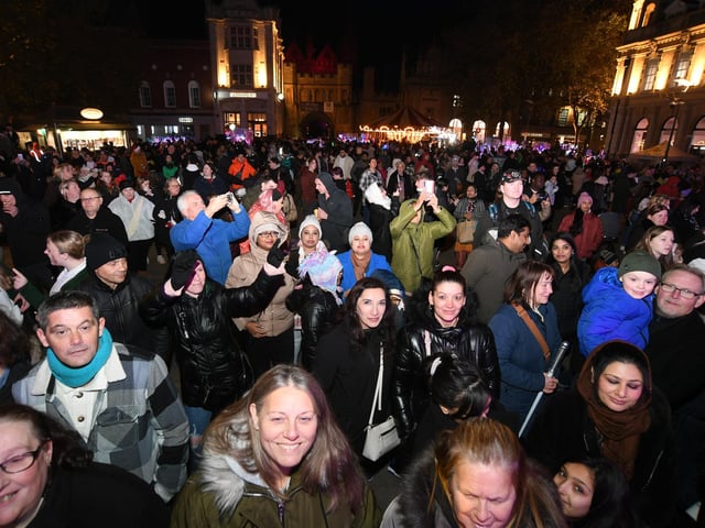 Switching on of the Christmas lights 2023 at Peterborough Cathedral Square.