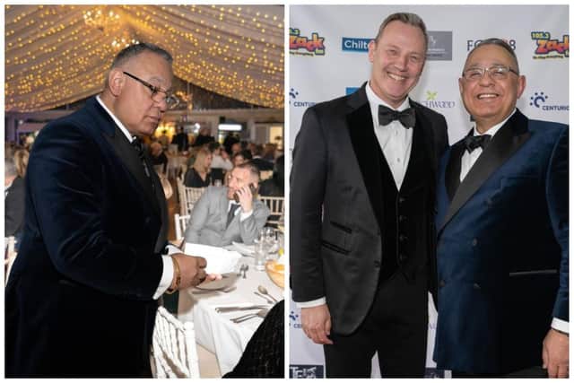 Peterborough Community Business Awards organiser Gez Chetal, left, and Gez with events host Paul Martin, right.