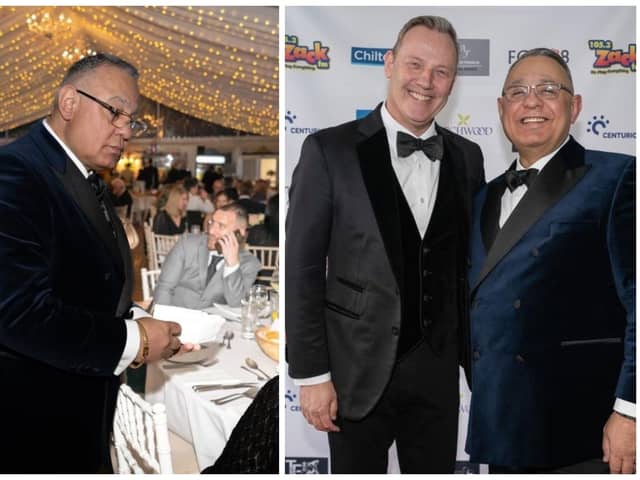 Peterborough Community Business Awards organiser Gez Chetal, left, and Gez with events host Paul Martin, right.