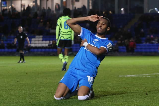 Malik Mothersille of Peterborough United celebrates scoring his goal. Photo: Joe Dent.