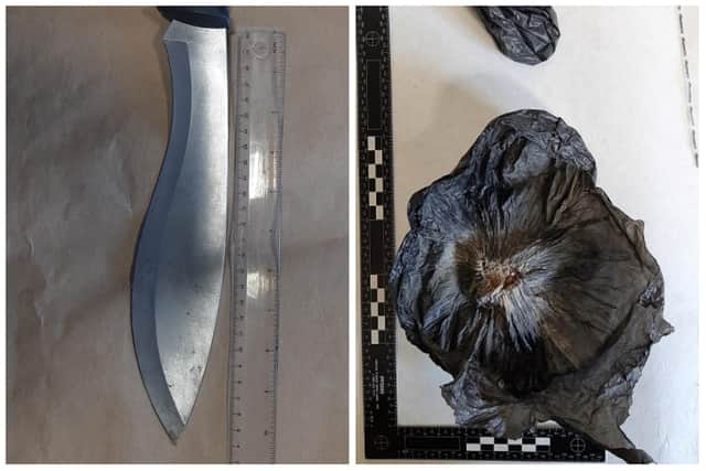 The knife and drugs seized by police