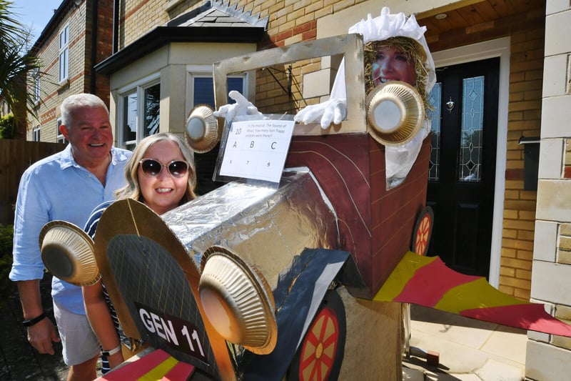 Neil and Wendy McCulloch with their Chitty Chitty Bang Bang scarecrow.