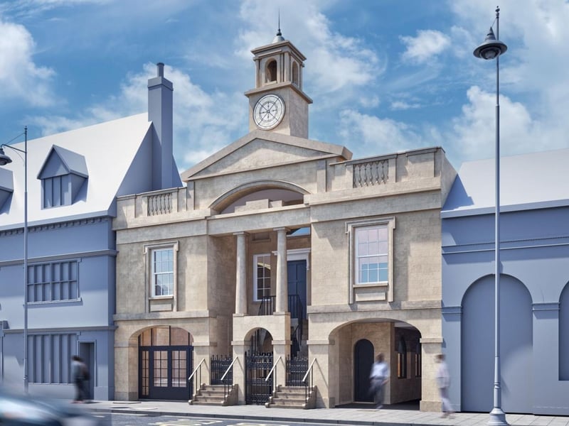 How the front of the restored town hall will look, with its reconstructed clock tower. Image by Allan Joyce Architects Ltd.