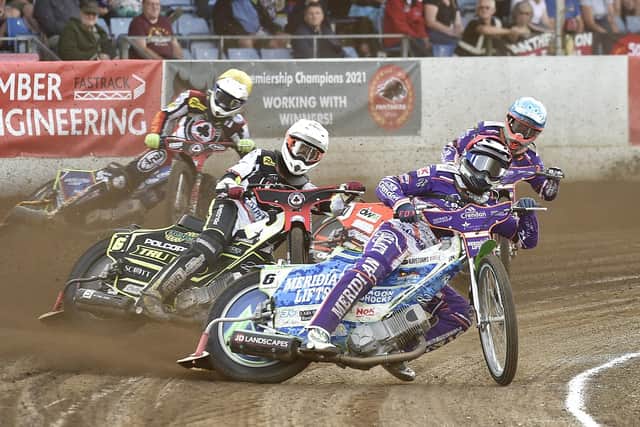 Hans Andersen leads the way for Panthers against Belle Vue in Heat two. Photo: David Lowndes.