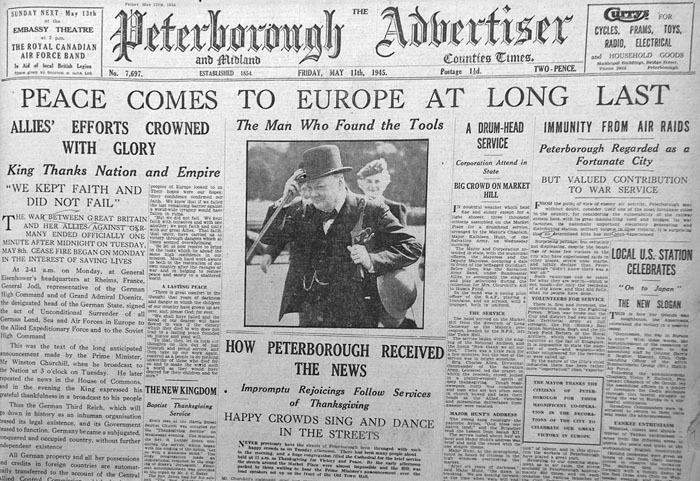 How the Peterborough Advertiser reported the end of the Second World War to Peterborians on Friday 11th May, 1945