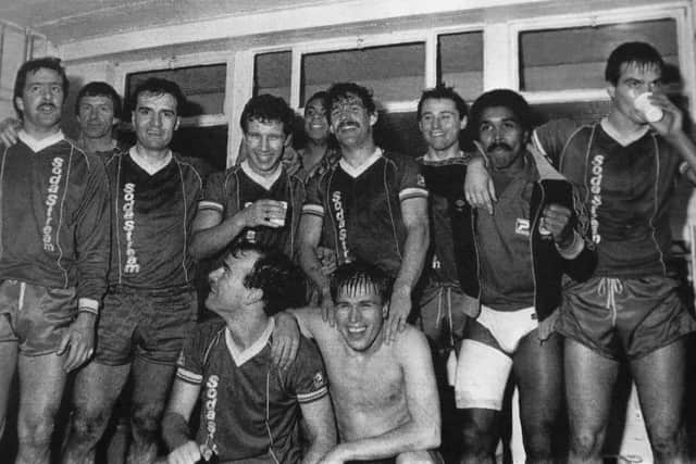 Posh players celebrate their 1986 FA Cup win over Leeds United.