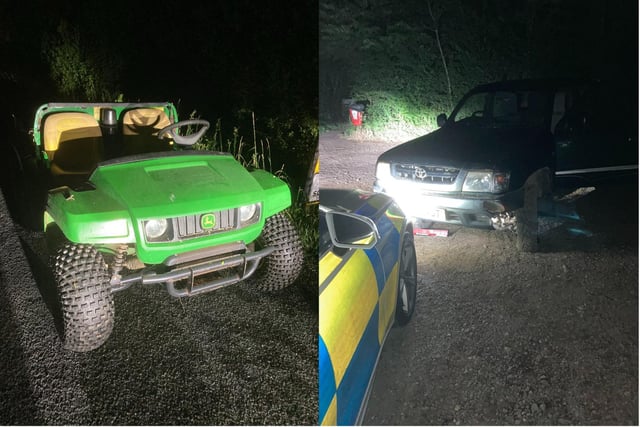 John Deere Gator 4x4 was spotted on the road by officers. The buggy was found in the woods nearby as well as two stolen vehicles in a secluded car park. All vehicles were recovered and enquiries are ongoing to locate offenders.