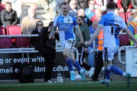 Harry Anderson celebrates a goal for Bristol Rovers at Northampton Town in March, 2022. (Photo by Pete Norton/Getty Images).