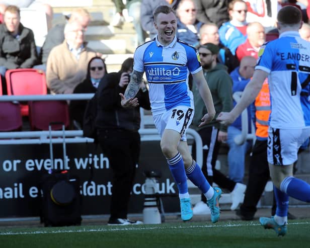 Harry Anderson celebrates a goal for Bristol Rovers at Northampton Town in March, 2022. (Photo by Pete Norton/Getty Images).