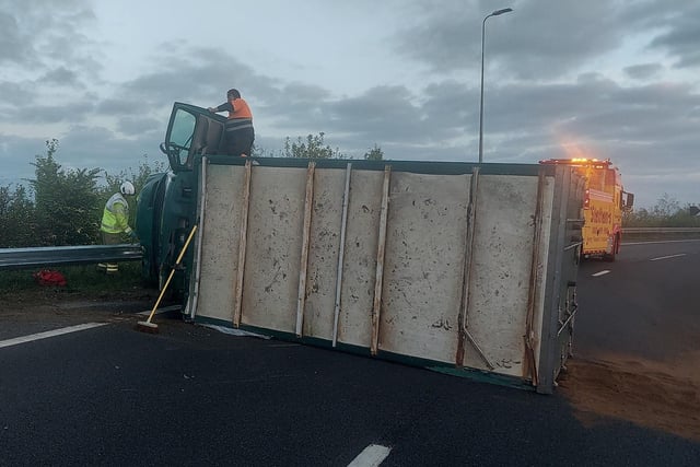 Officers thanked drivers for their patience as they worked to clear this closed road due to an overturned goods vehicle this week.