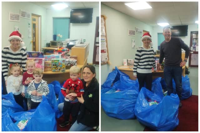 Left, staff and children at Cygnets Pre School, at the Hampton Children and Family Centre, with the toys donated by Hotpoint staff; and Ian Moverley from Hotpoint delivering toys donated by staff to the Cygnets Pre School,
.