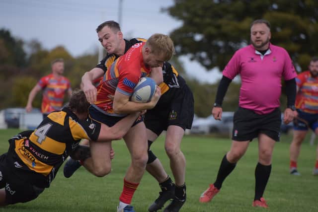 Rob Jacobs (with ball) scored a try for Borough at Old Saltleians. Photo Kevin Goodacre.
