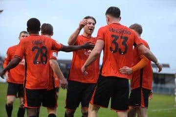 Peterborough Sports players celebrate Ben Beresford's goal against Radcliffe. Photo Darren Wiles